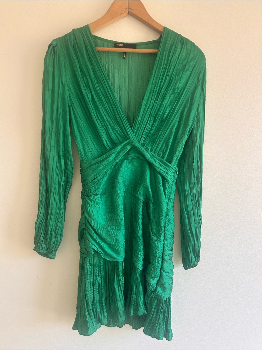 Maje Vibrant Green Long Sleeve Wrap-Style Dress